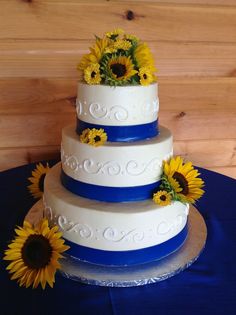 Royal Blue and Sunflower Wedding Cake