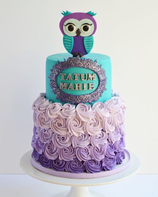 Teal and Purple Owl Baby Shower Cake
