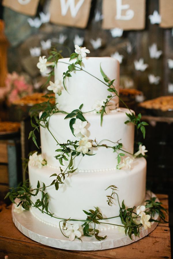 White and Green Rustic Wedding Cake