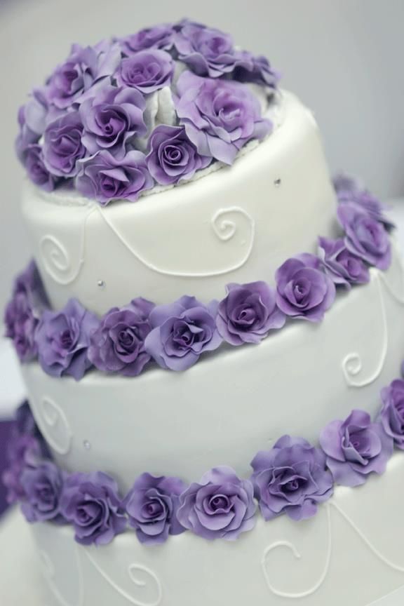 3 Tier Wedding Cake with Purple Roses