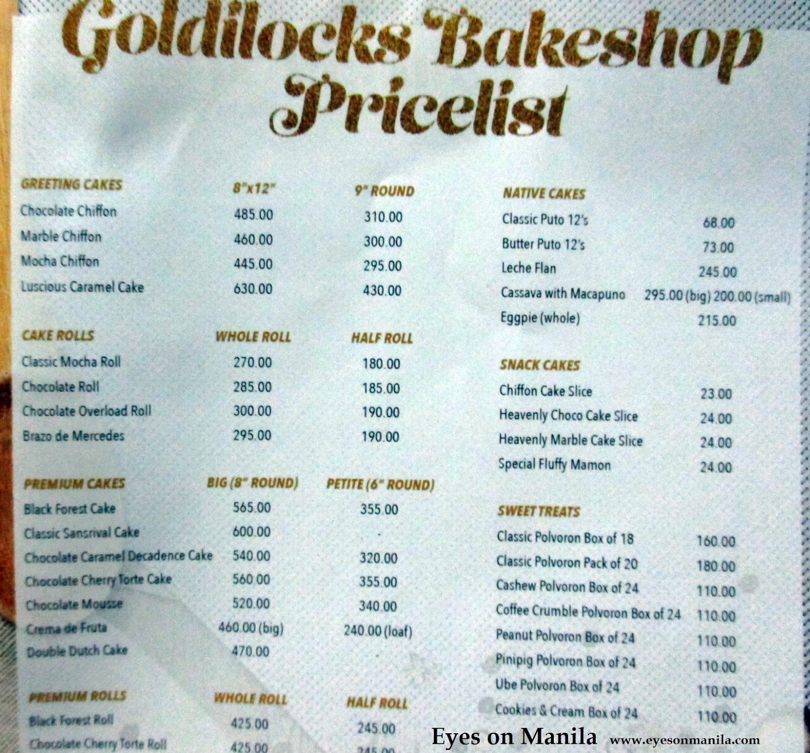 Goldilocks Menu Price List Goldilocks Menu Price List