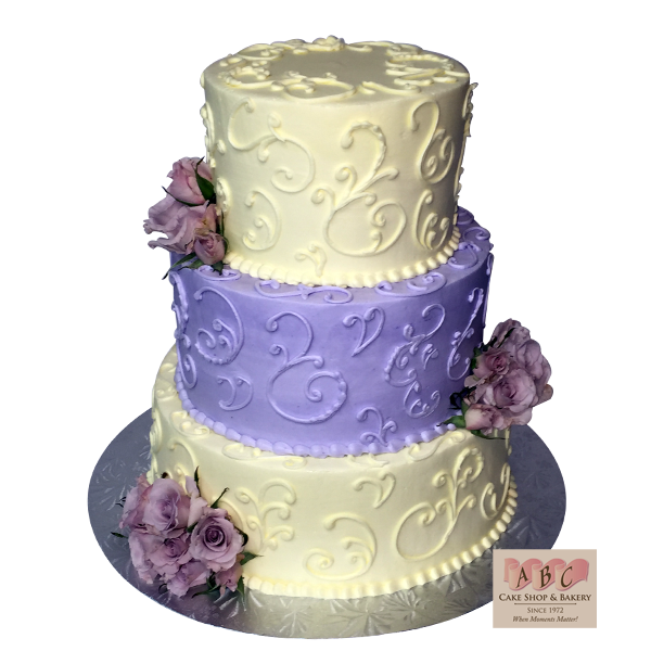 Purple and White 3 Tier Wedding Cake