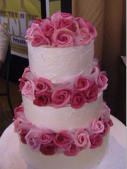 White Wedding Cake with Pink Roses