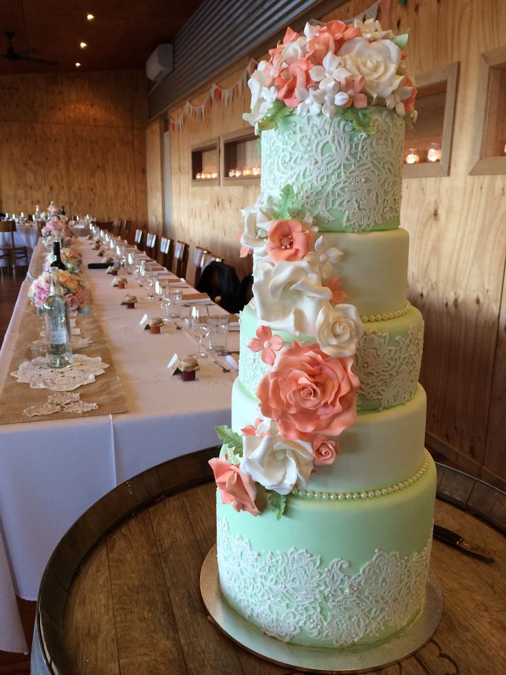 Coral and Mint Green Wedding Cake