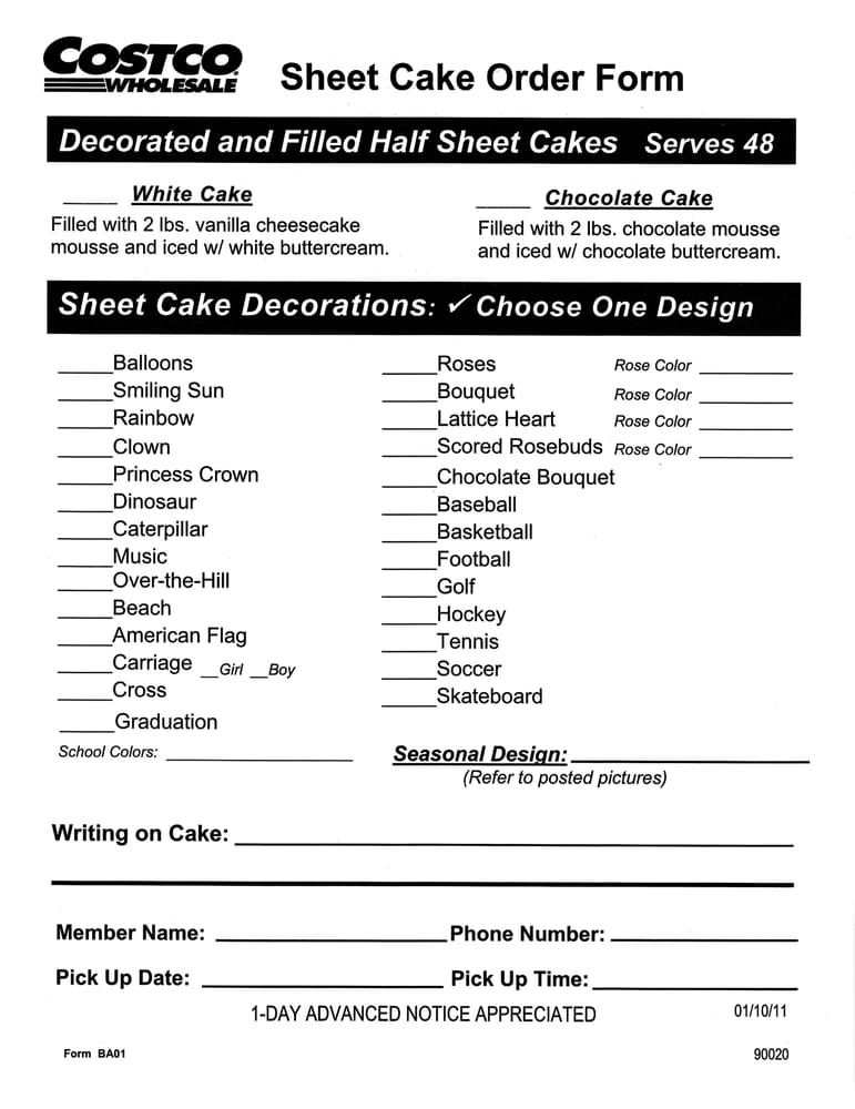 Costco Cake Order Form