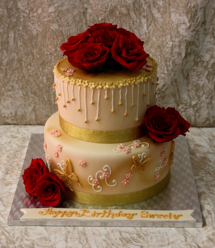 Gold Cake with Red Roses