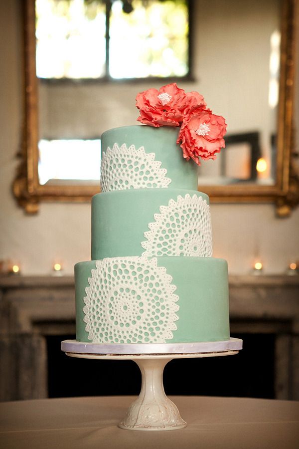 Green and Coral Wedding Cake