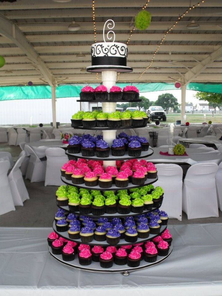 Green and Purple Cupcake Wedding Cake