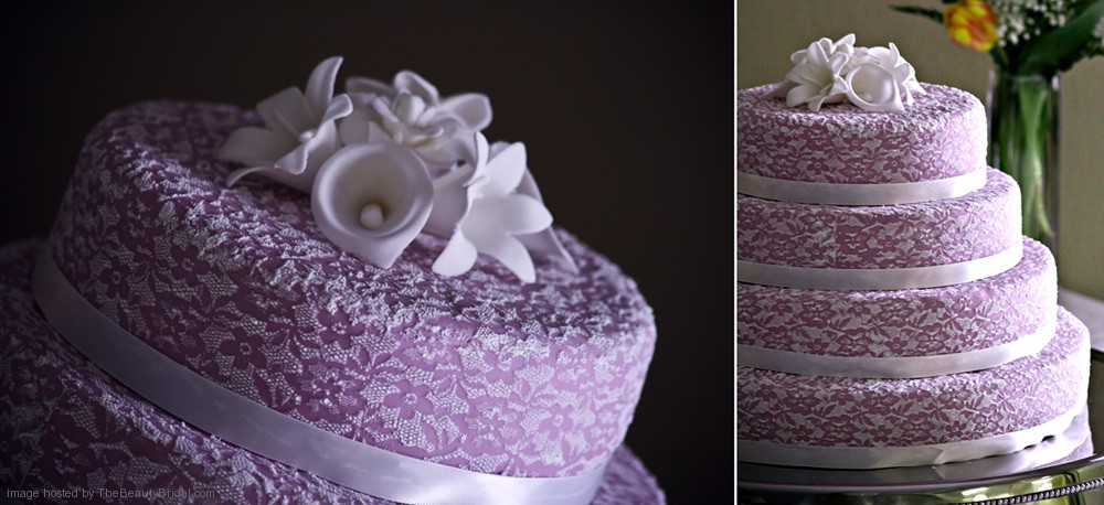 Lace Wedding Cake with Purple Flowers