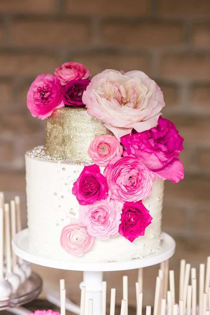 Pink and Gold Heart Wedding Cake