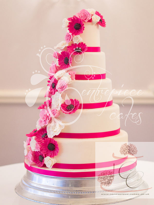 Wedding Cake with Hot Pink Roses