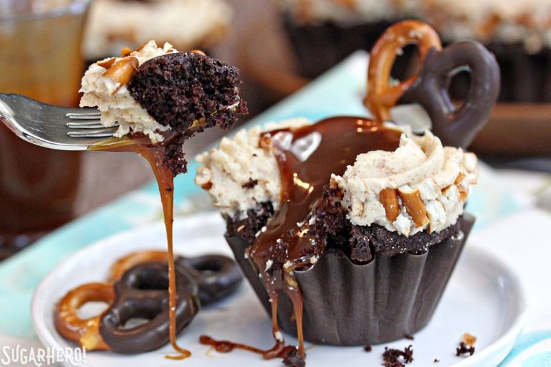 Chocolate Dipped Pretzel Cupcake