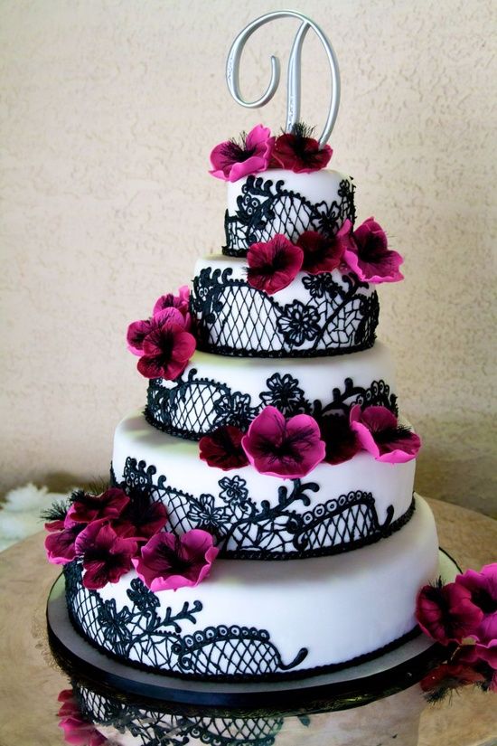 Pink Black and White Wedding Cake