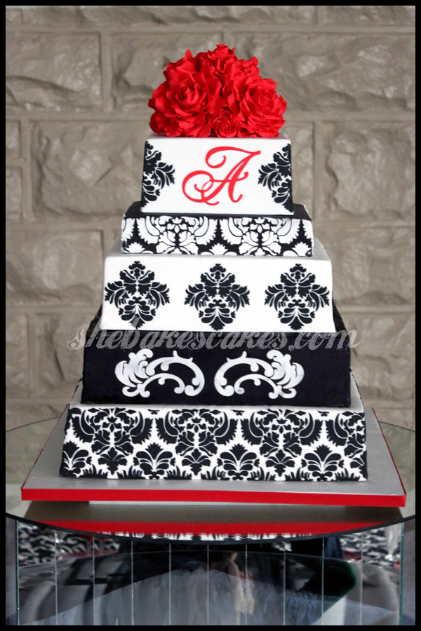 Red White and Black Damask Wedding Cake Red White and Black Damask Wedding Cake