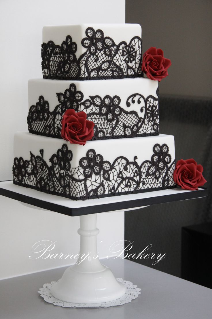 Square Wedding Cake Red Black and White