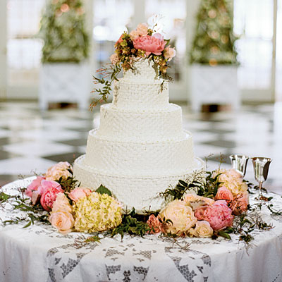 Basketweave Wedding Cake with Flowers Basketweave Wedding Cake with Flowers