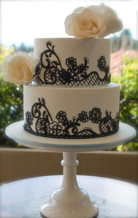 Black and White Wedding Cake with Lace Black and White Wedding Cake with Lace