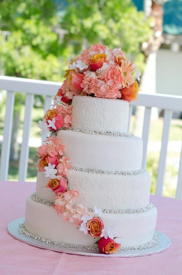 Coral and Silver Wedding Cakes