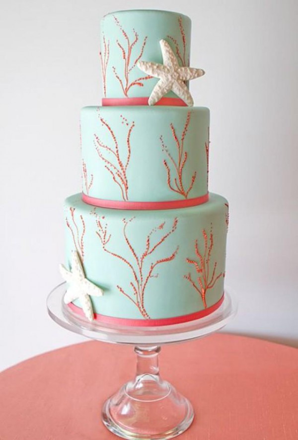 Coral Beach Themed Wedding Cake