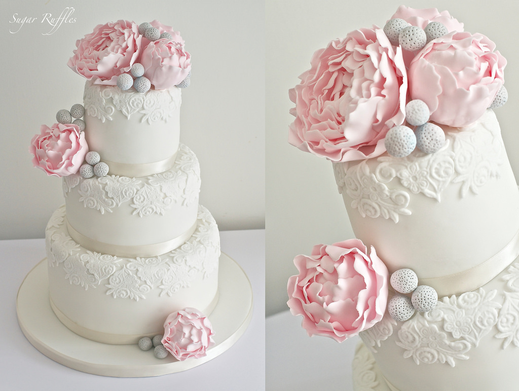 Pink Peonies and Roses Wedding Cake