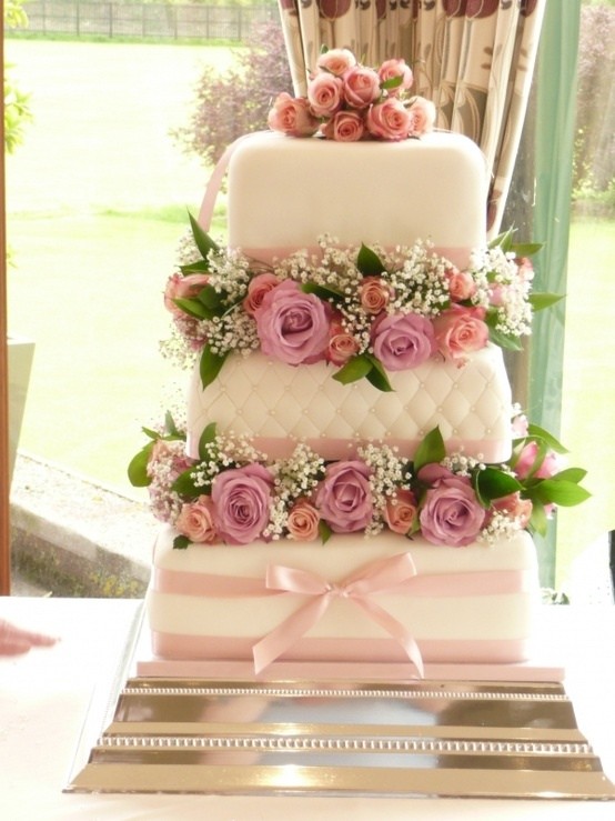 Pink Roses Wedding Cake