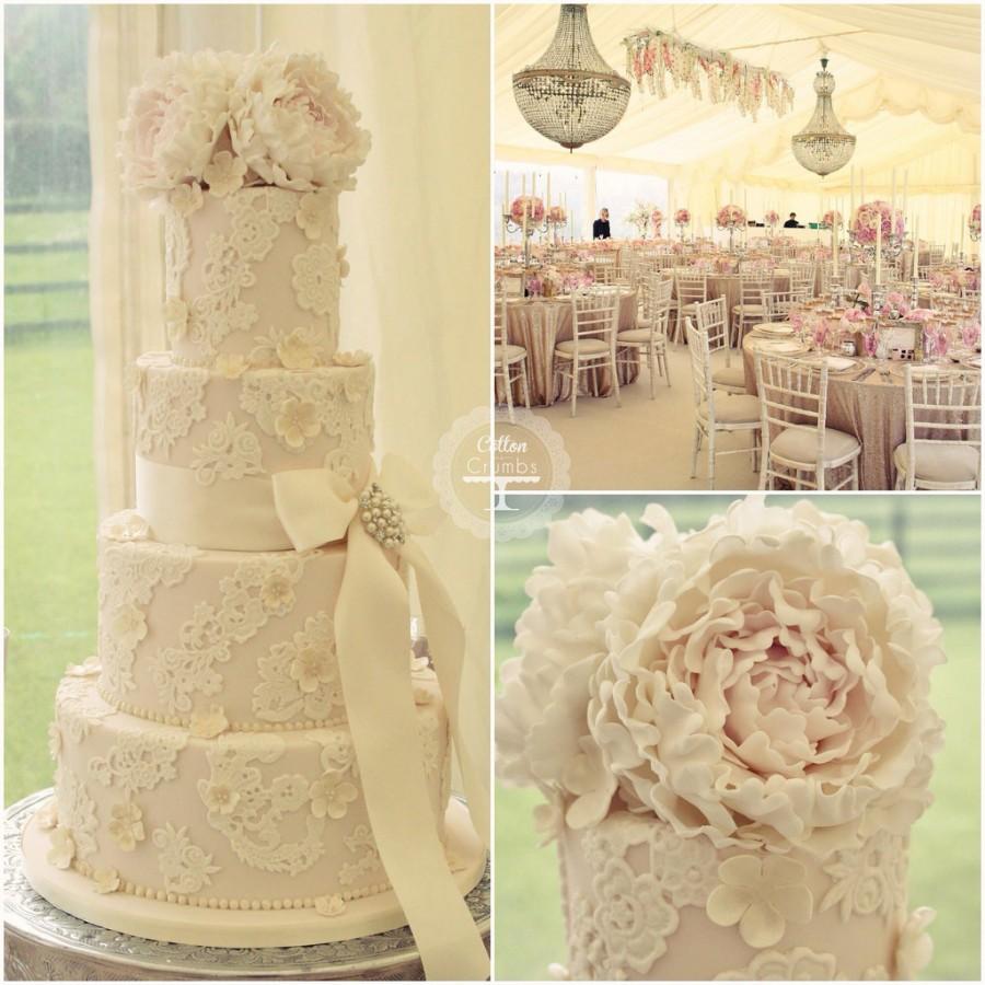 Wedding Cake with Peonies and Lace