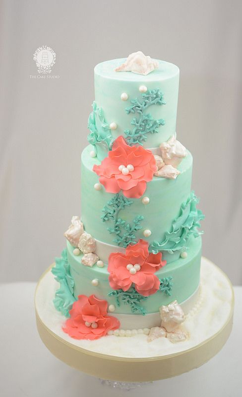 Coral Beach Themed Wedding Cake