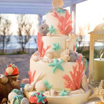Coral Beach Themed Wedding Cake