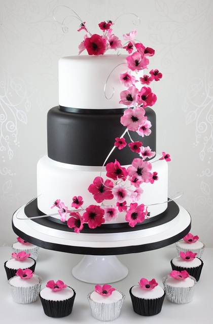 Pink Black and White Wedding Cake