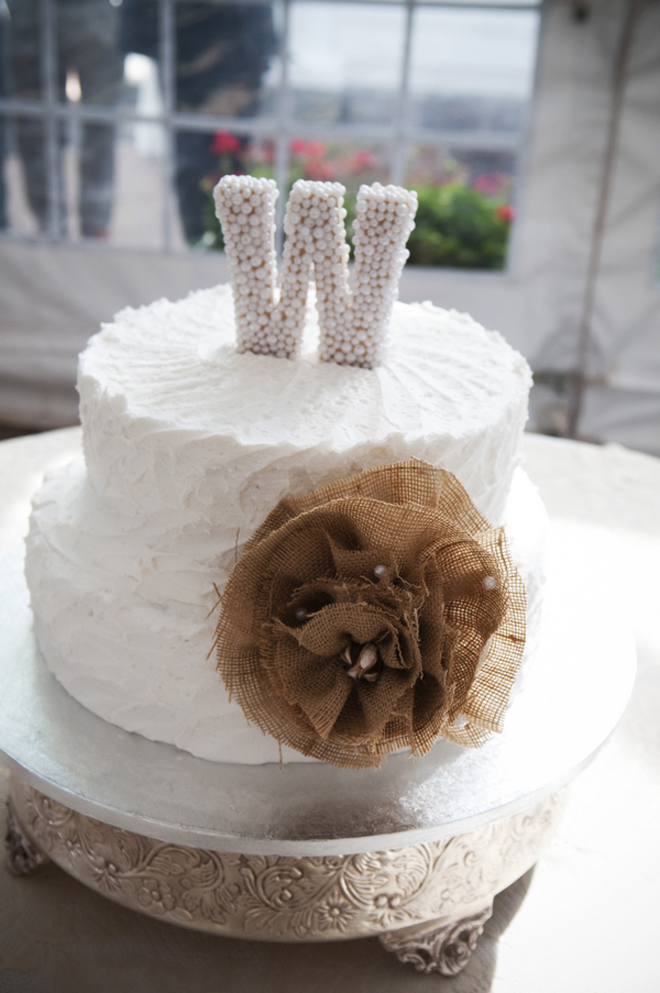 Rustic Burlap Wedding Cake with Flowers