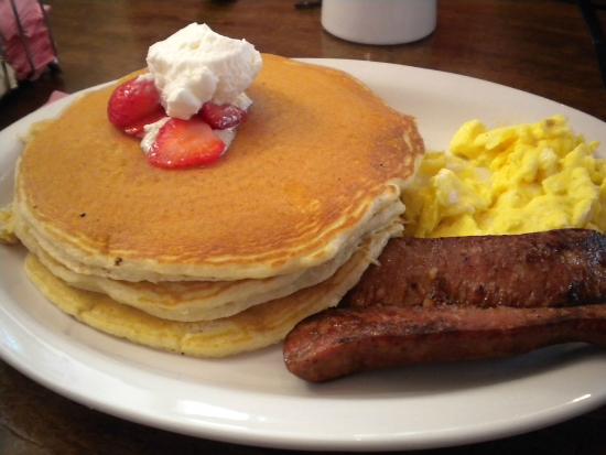 Breakfast Scrambled Eggs Sausage Bacon Pancakes