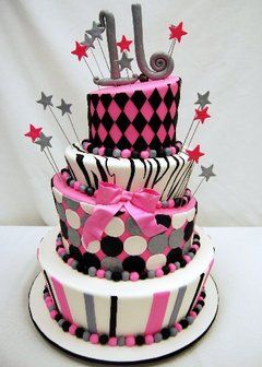 Pink and Black Sweet 16 Birthday Cake