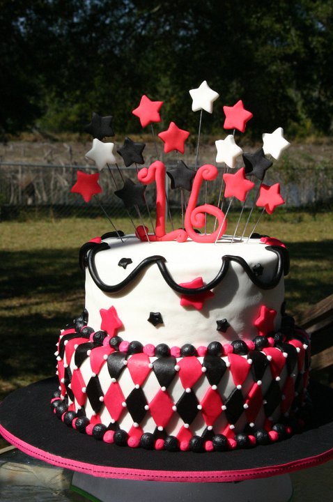 Pink and Black Sweet 16 Birthday Cake