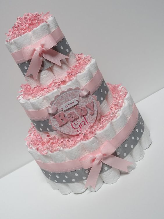 Pink and Gray Baby Girl Diaper Cake