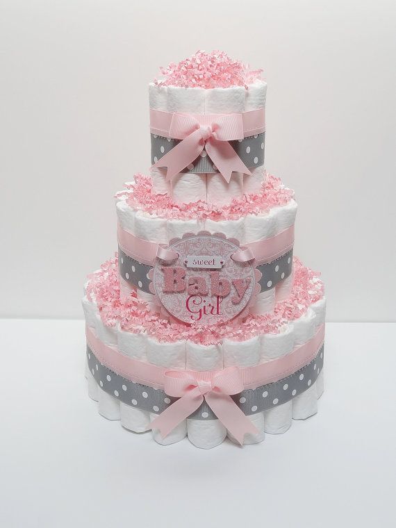 Pink and Gray Baby Girl Diaper Cake