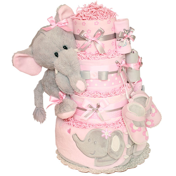 Pink and Gray Elephant Diaper Cake