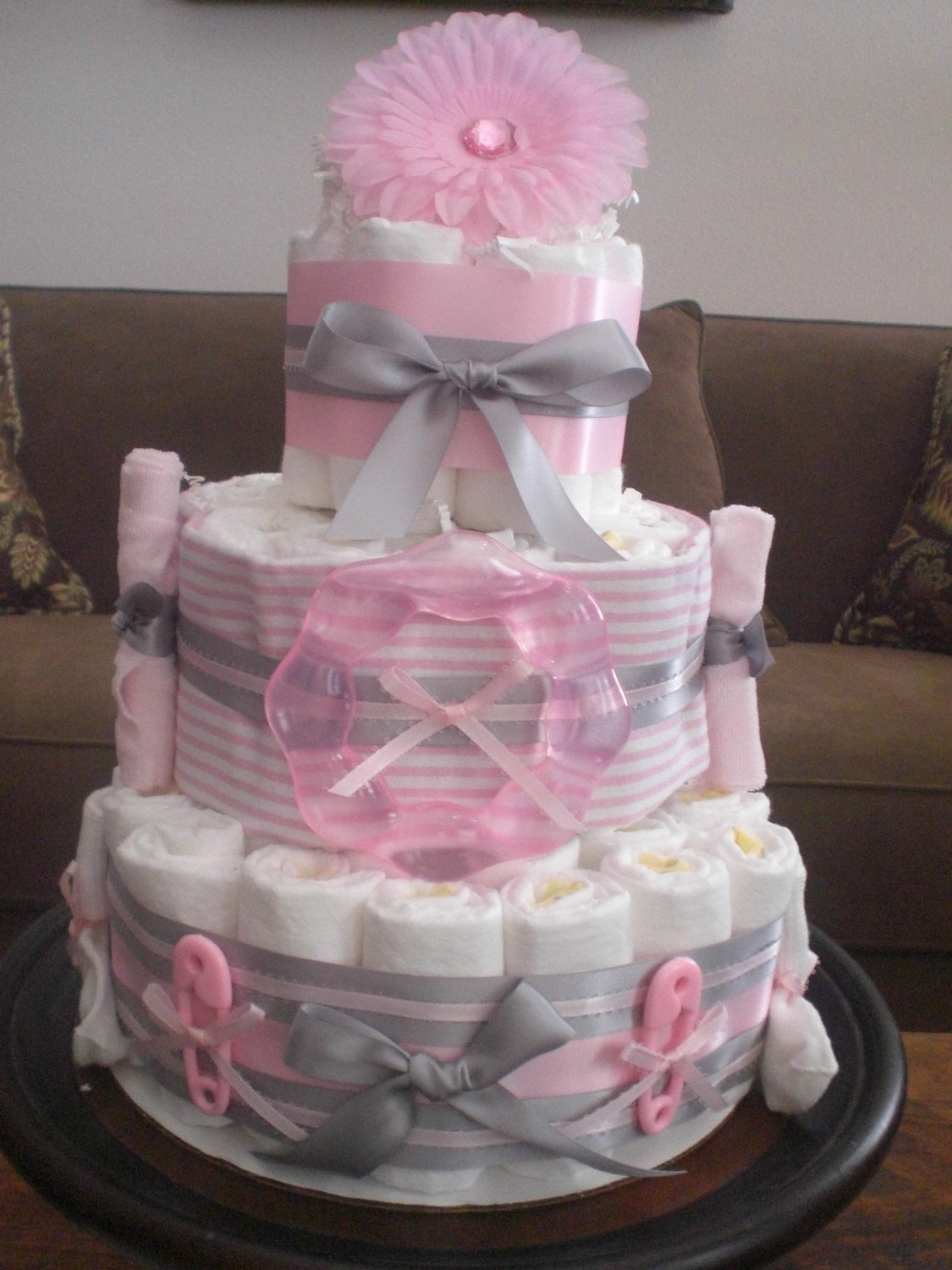 Pink and Grey Baby Shower Diaper Cake