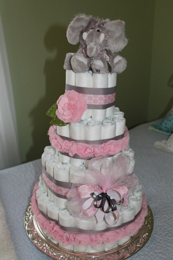 Pink and Grey Elephant Diaper Cake