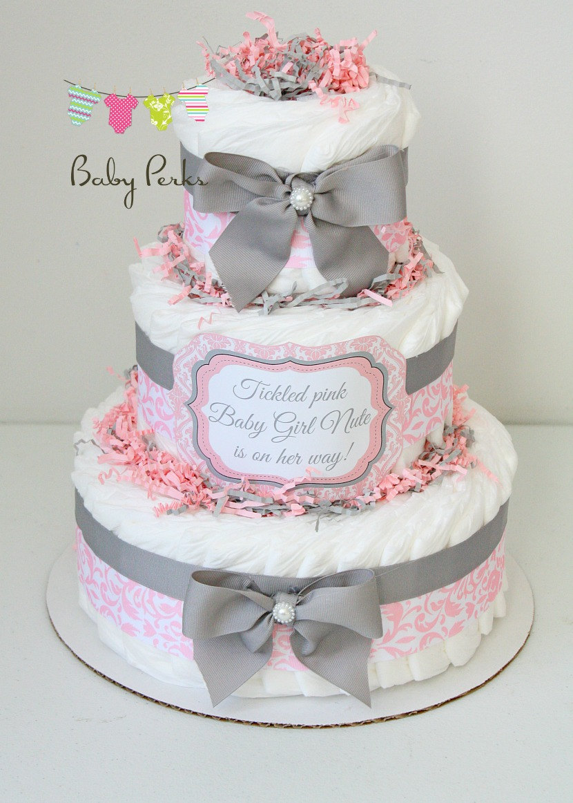 12 Photos of Gray And Pink Girl Diaper Cakes