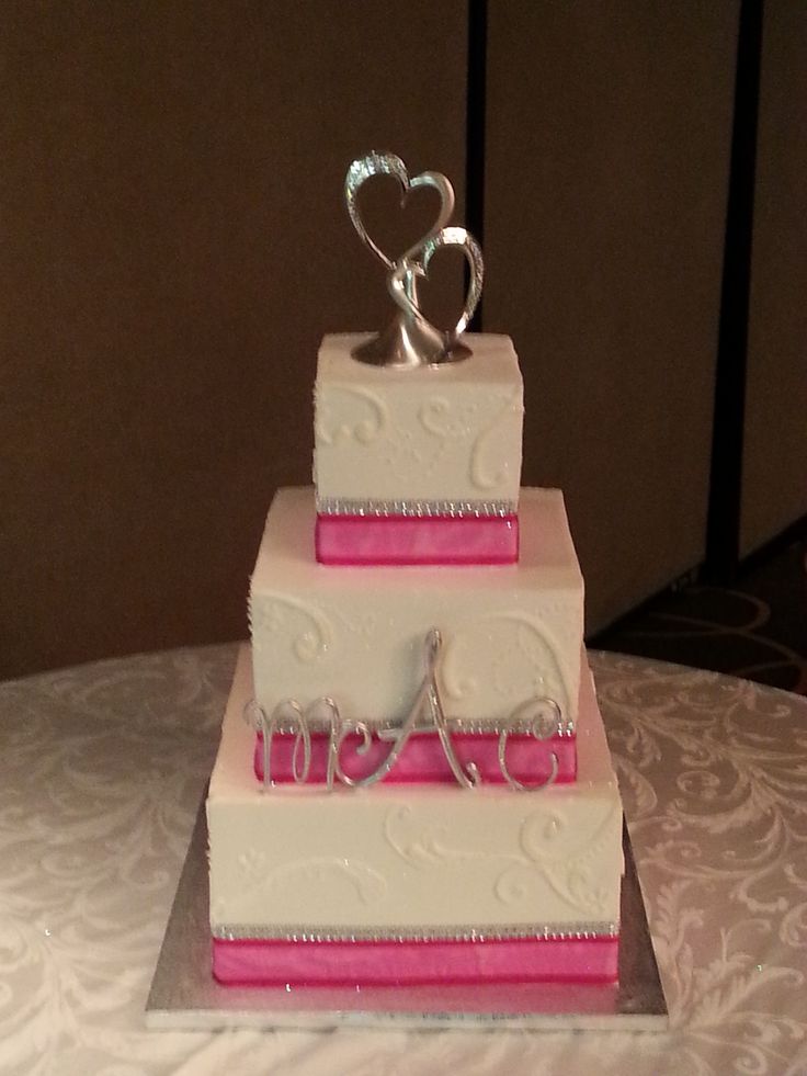 Square Wedding Cake with Pink Ribbon