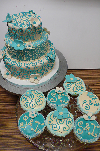 Teal Wedding Cake and Cupcakes Teal Wedding Cake and Cupcakes
