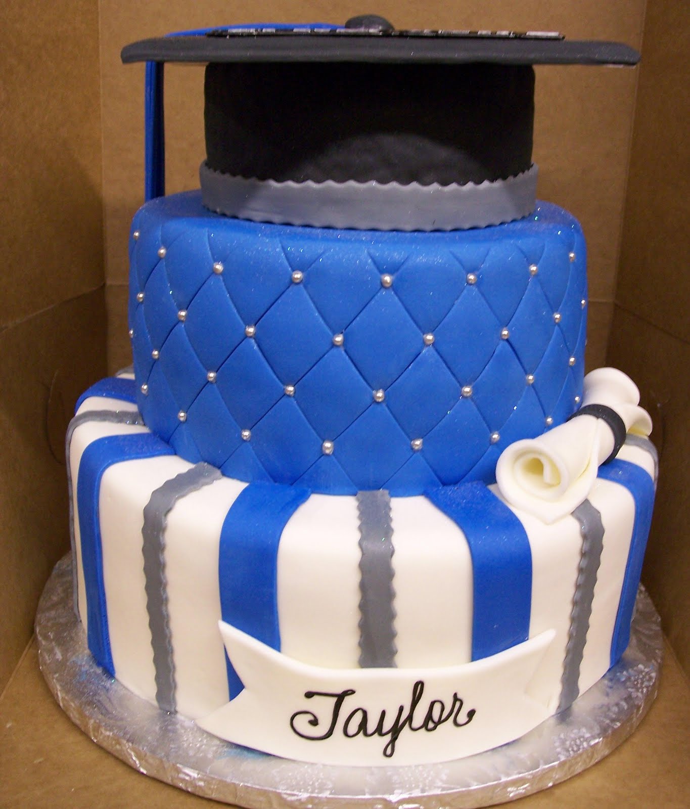 Blue White and Silver Graduation Cakes