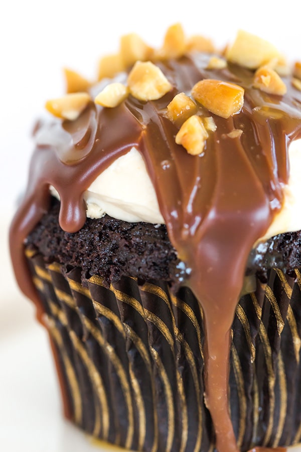 Candy Bar Cupcakes with Caramel Frosting