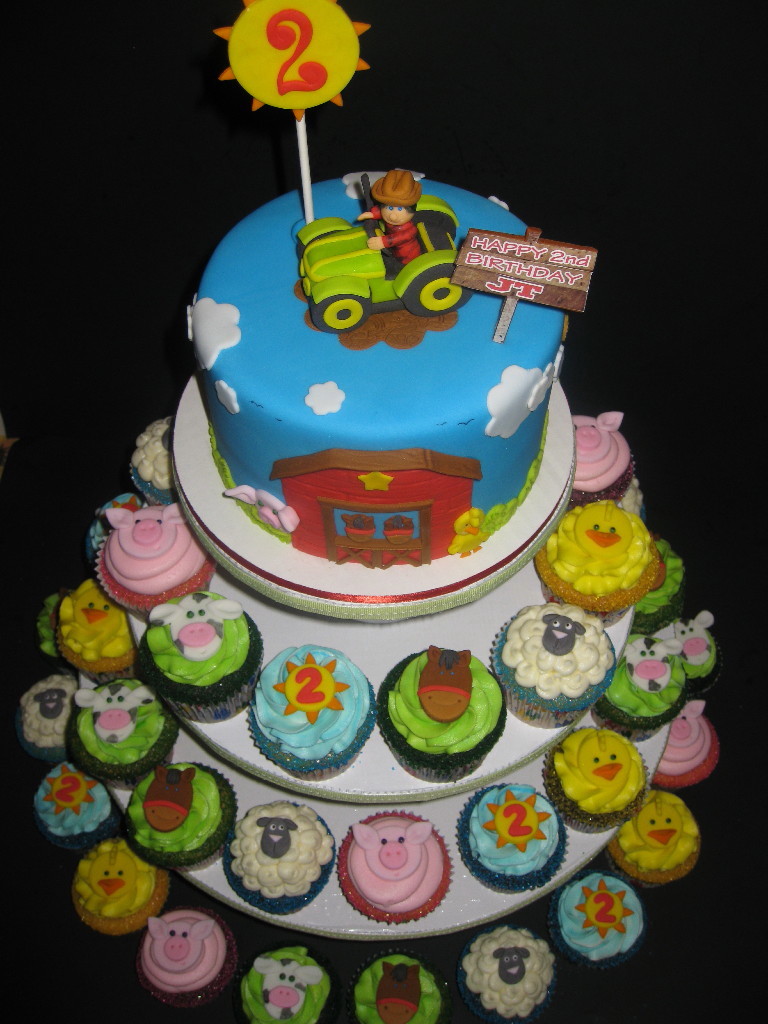 Farm Birthday Cake and Cupcakes
