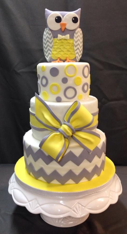 Grey and Yellow Owl Baby Shower Cake