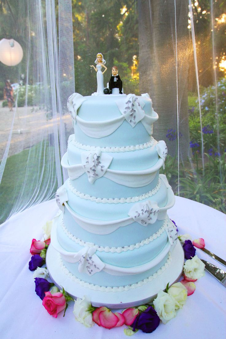 Light Pink White and Blue Wedding Cake