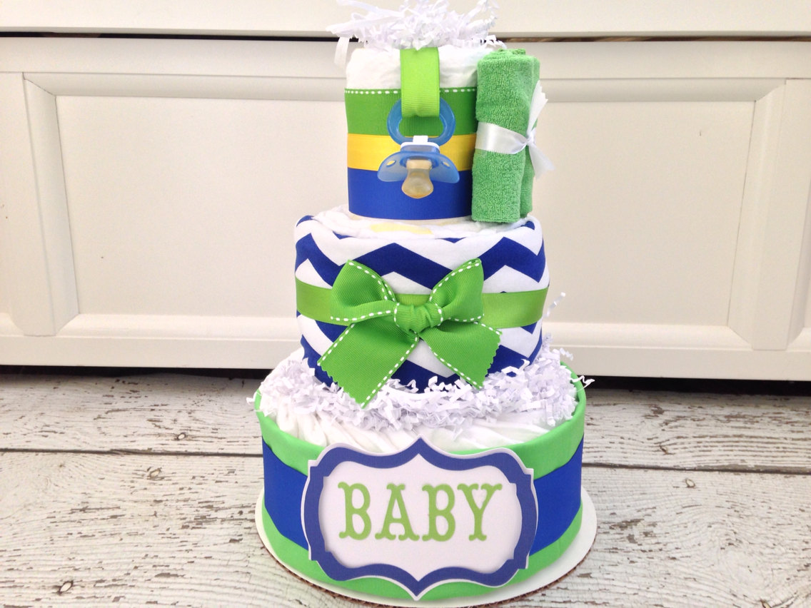 Lime Green and Blue Baby Shower Cake