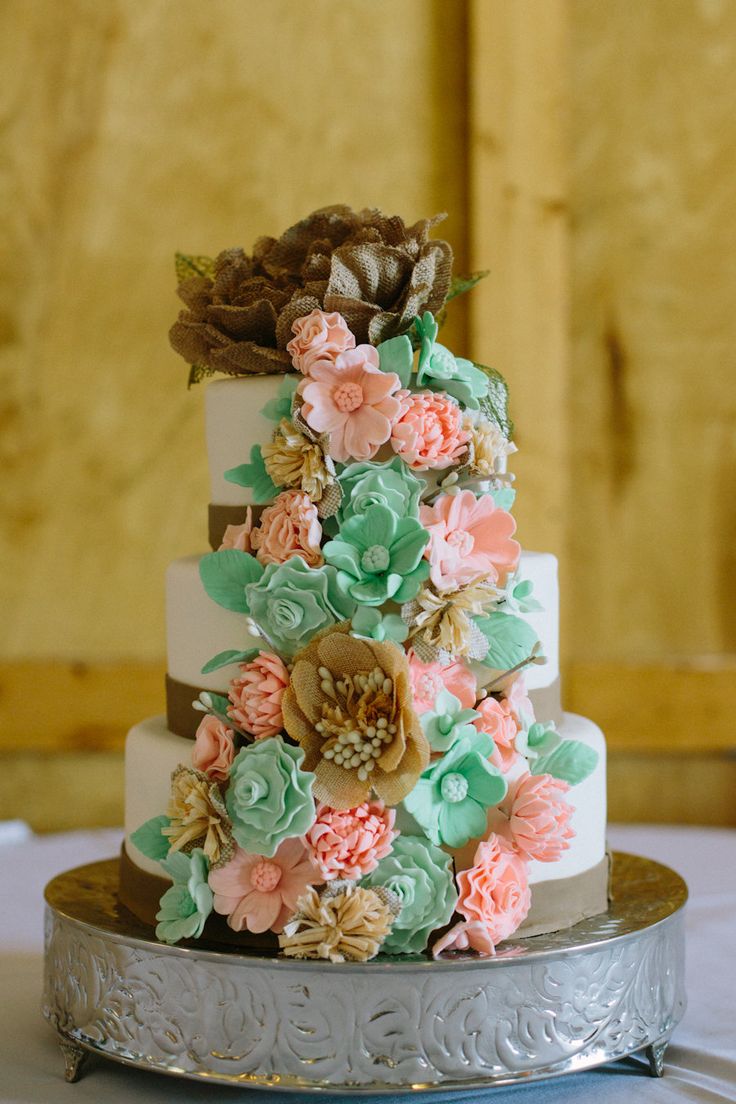 Peach Mint and Burlap Rustic Wedding Cakes