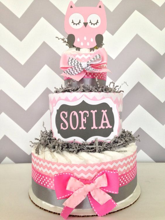 Pink and Gray Chevron Owl Diaper Cake