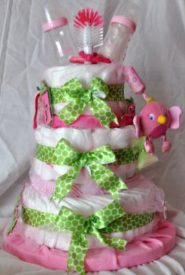 Pink and Green Baby Shower Diaper Cake